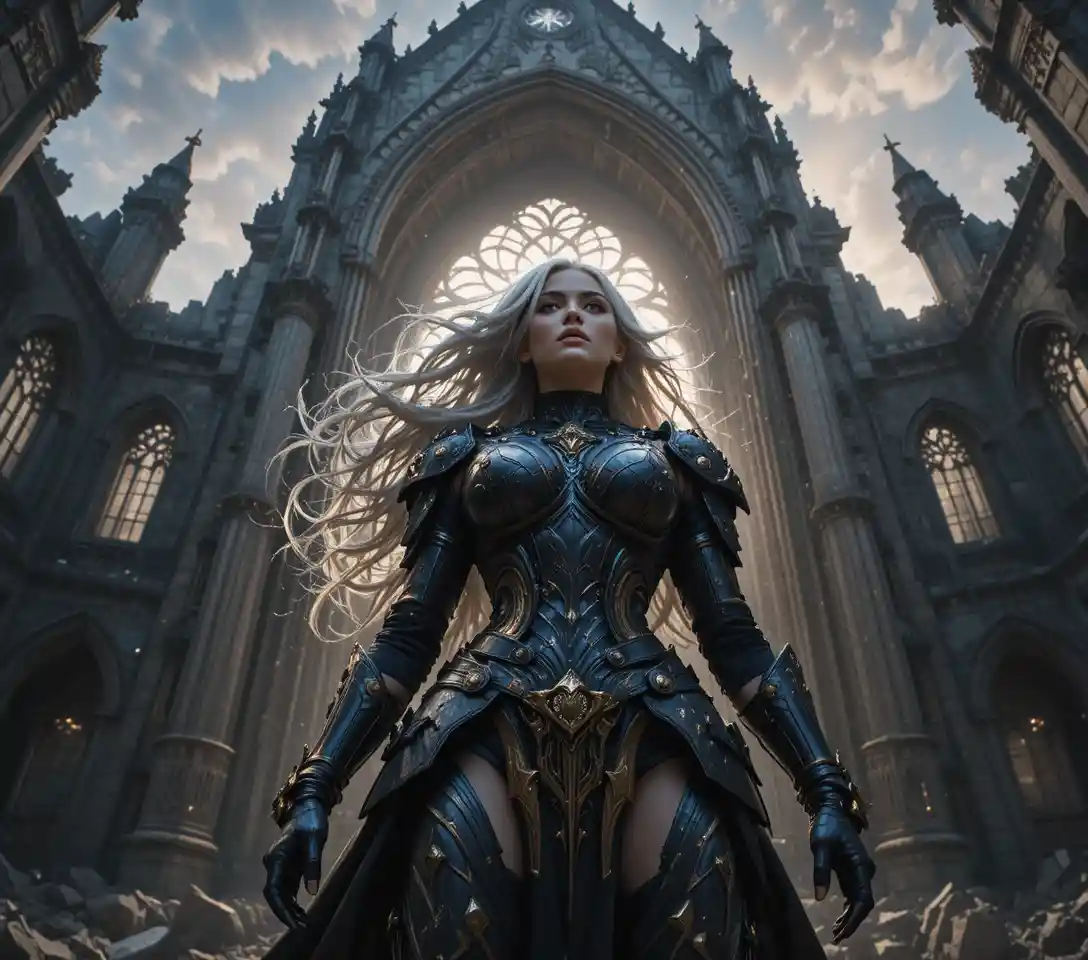Dark armored warrior woman before a ruined gothic cathedral