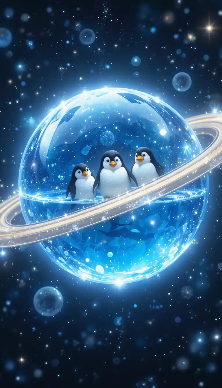 Crystal blue Saturn with fluffy penguins on glowing rings