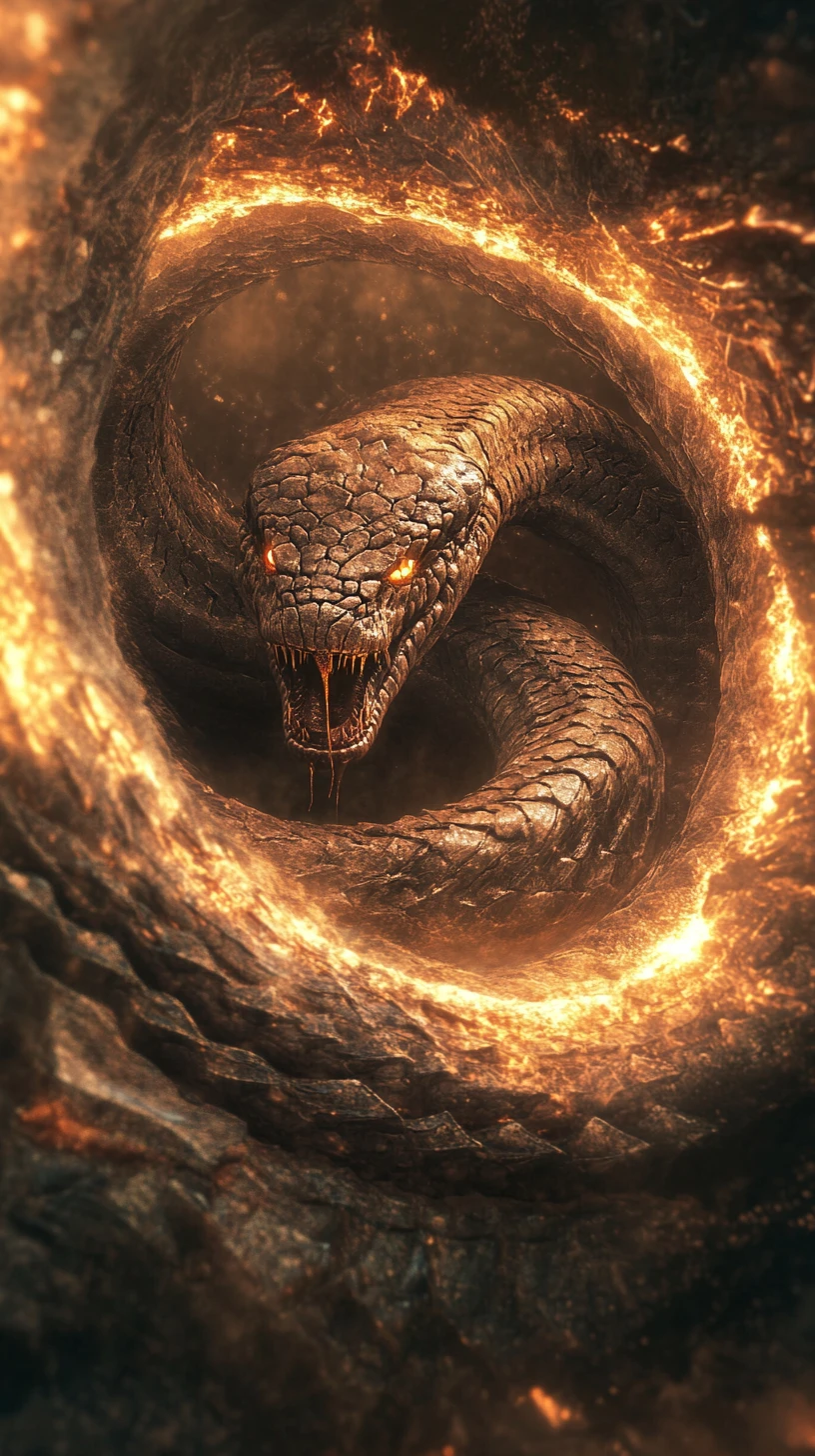 Massive serpent coiling in a glowing spiral vortex