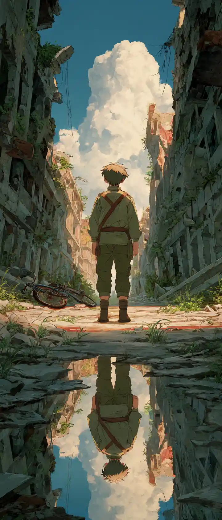 Young soldier facing the ruins of his forgotten hometown
