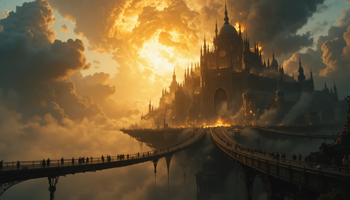 Floating kingdom collapsing in flames above sunset clouds