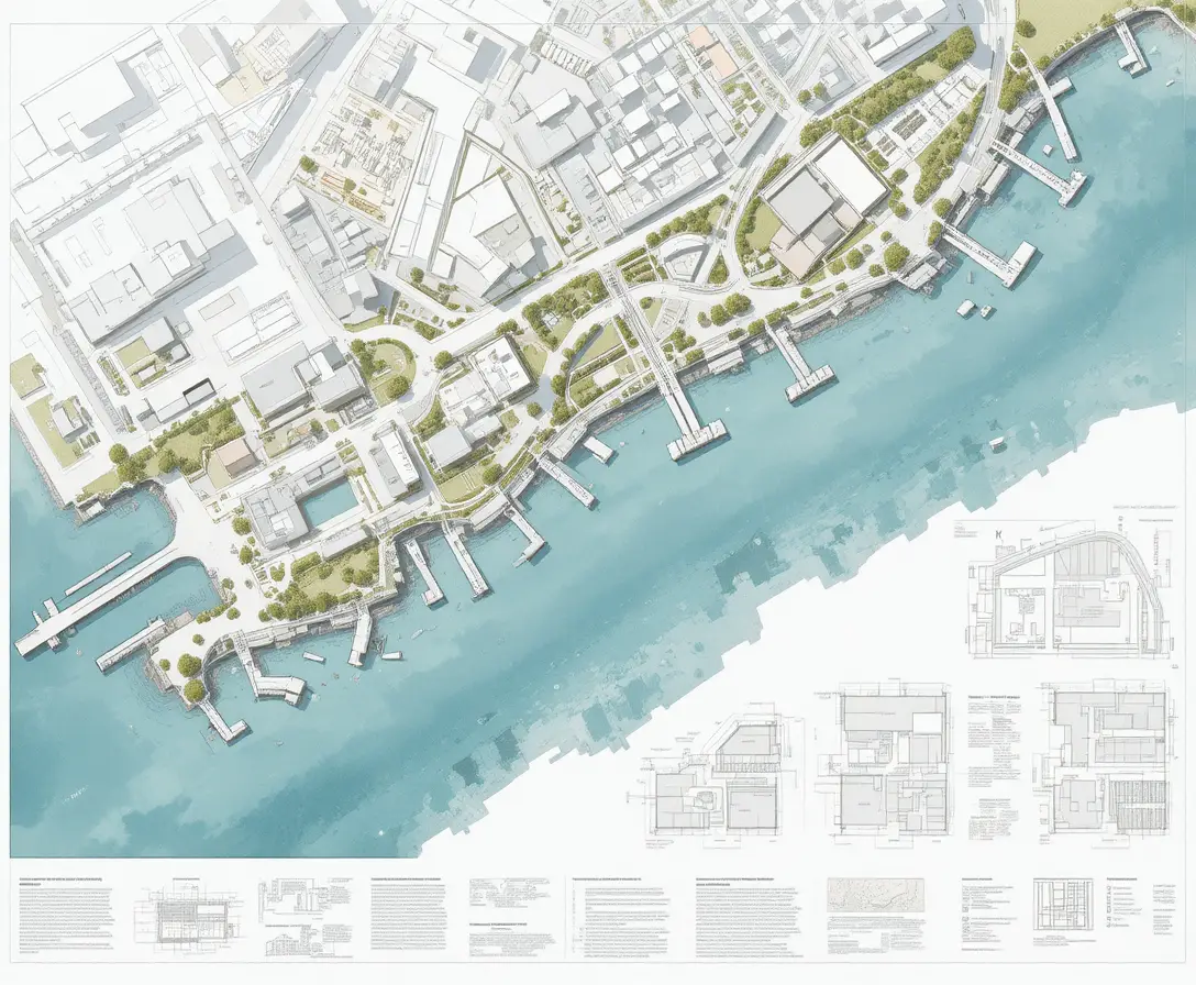 Waterfront urban masterplan architectural competition presentation board