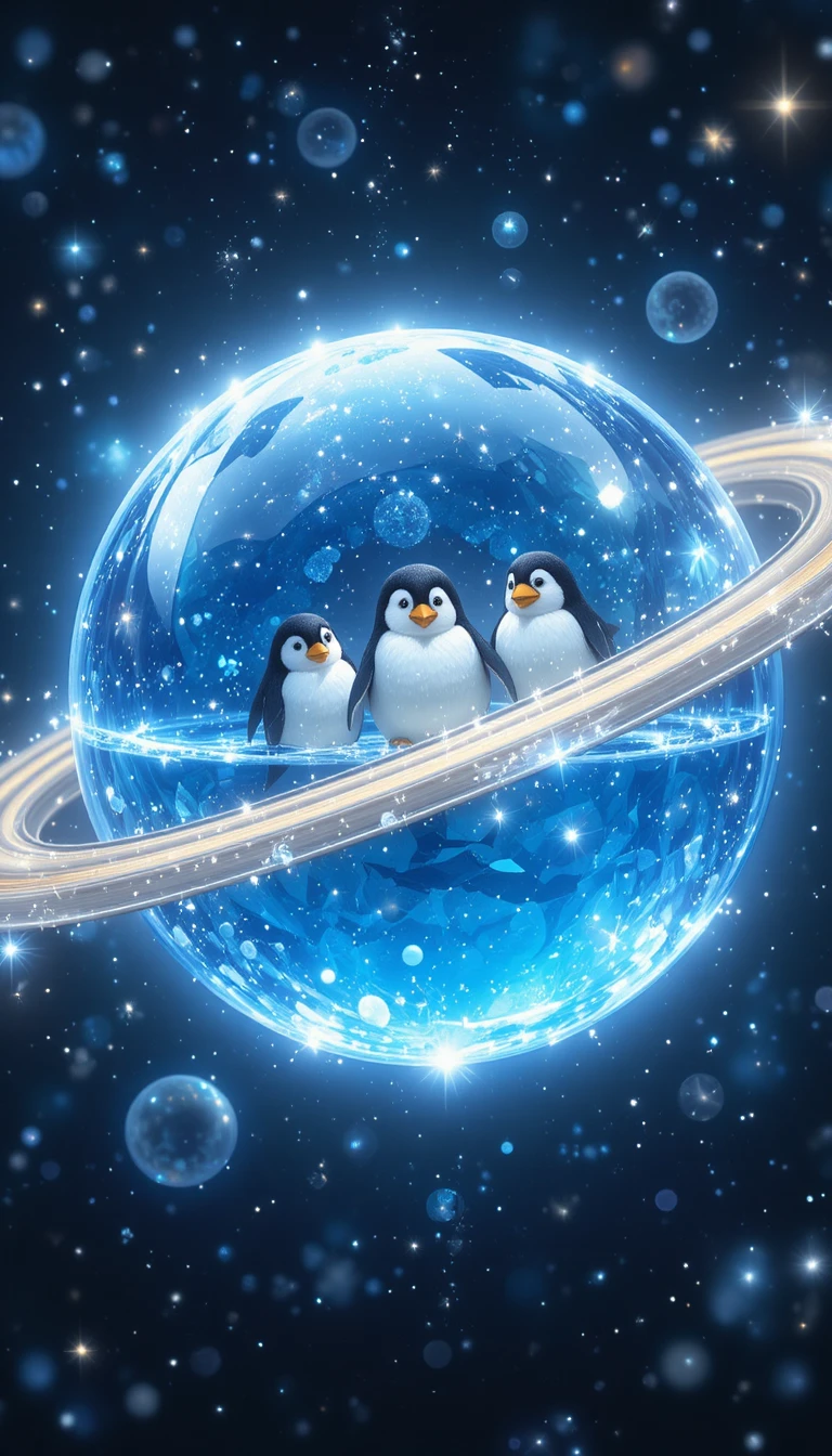 Crystal blue Saturn with fluffy penguins on glowing rings