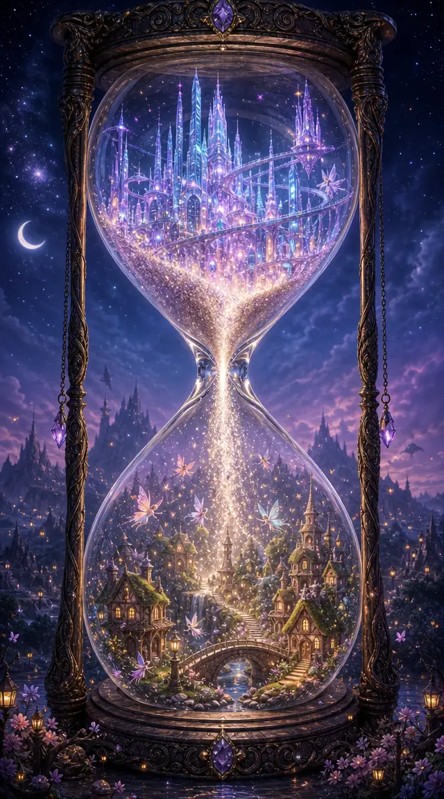 Enchanted Hourglass Over City And Fairy Village At Night
