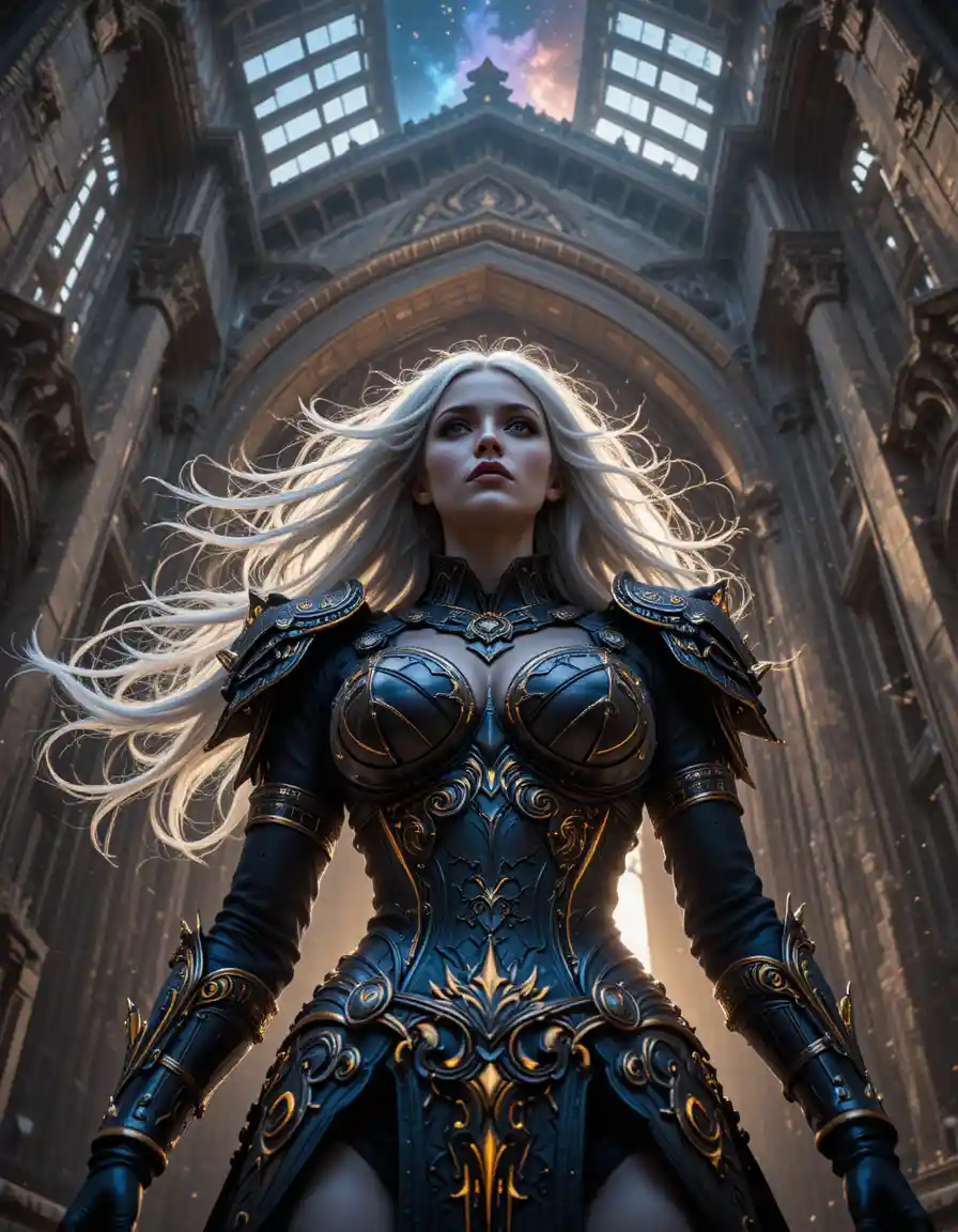 Dark armored warrior woman before ruined gothic cathedral