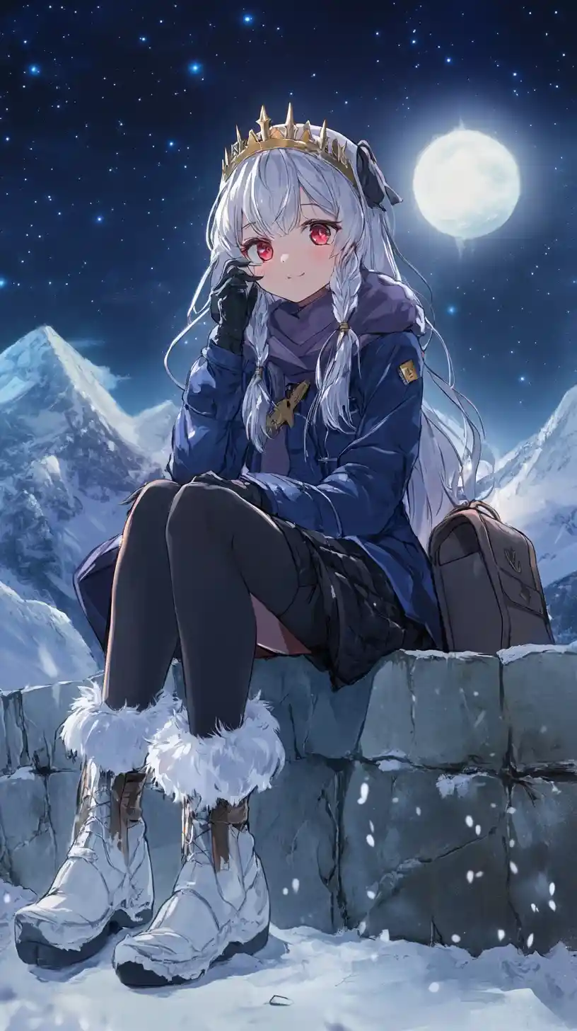 Anime girl standing on a giant hand before an ice palace