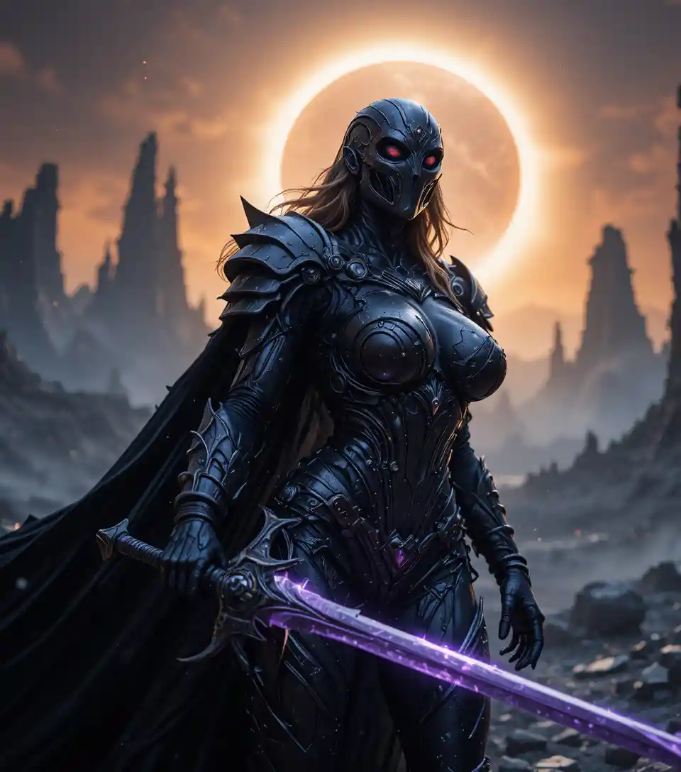 Dark paladin woman with violet runeblade in alien eclipse