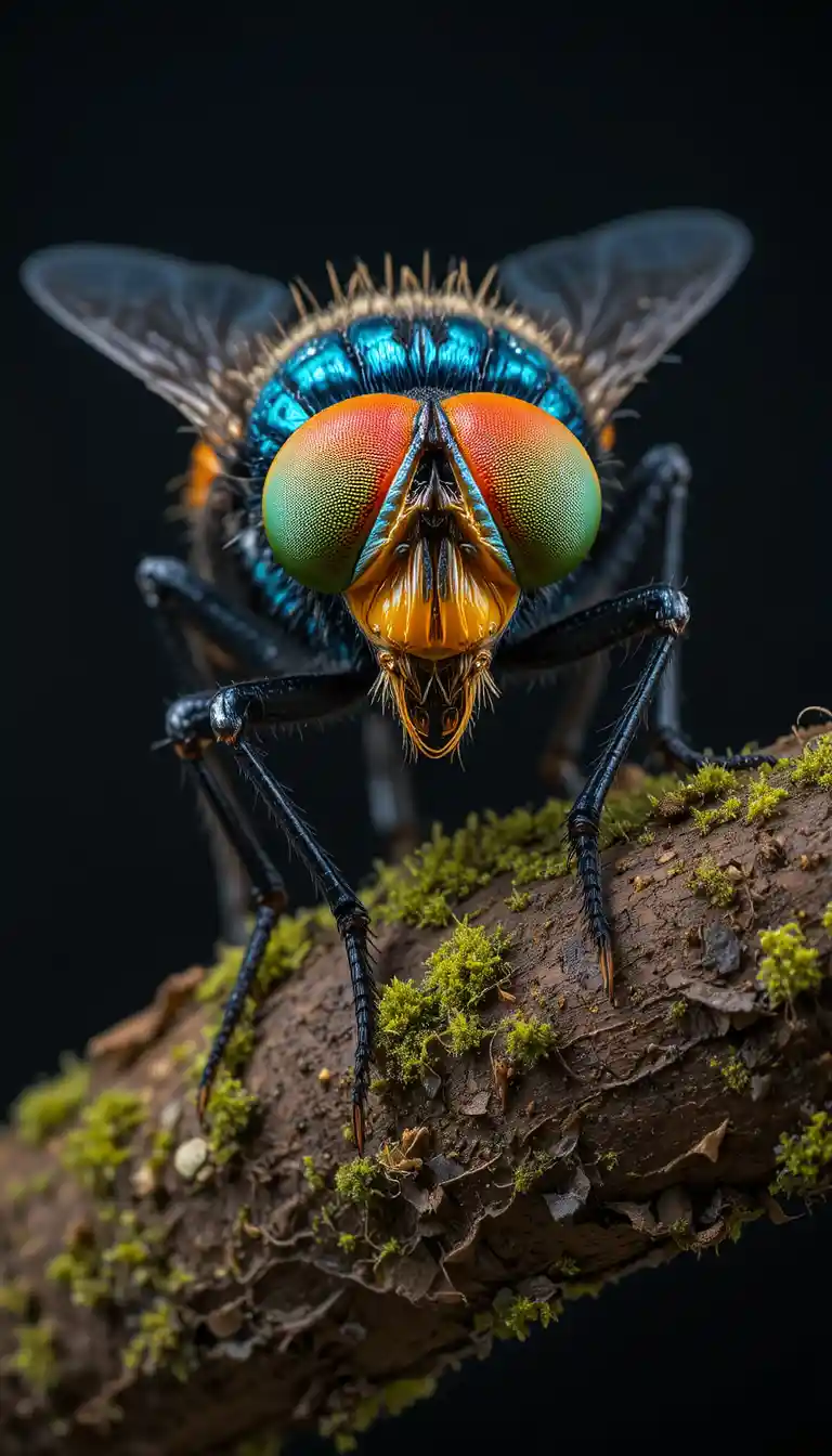 Macro close up of a colorful fly on mossy branch