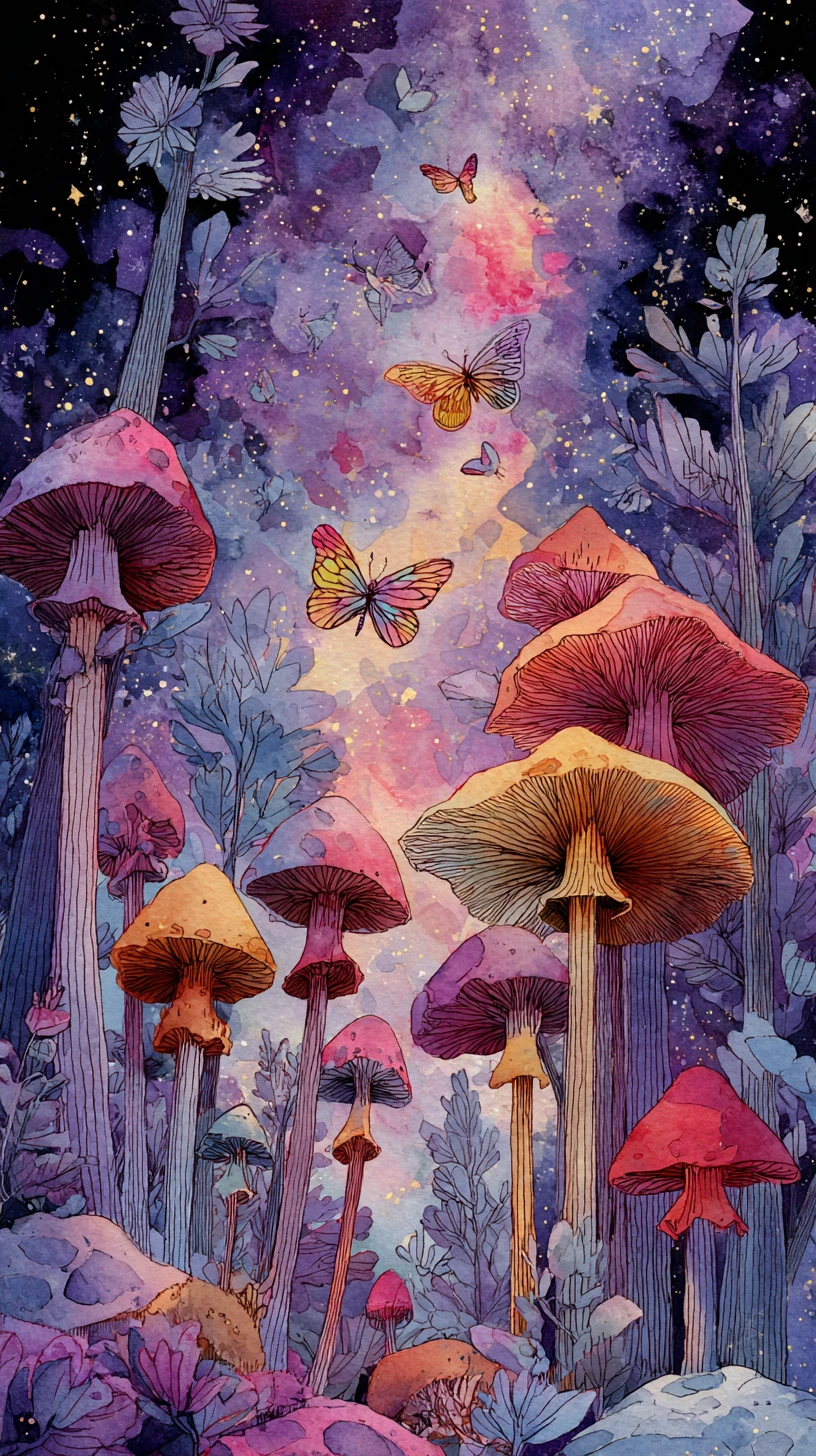 Dreamlike watercolor forest glowing with colorful mushrooms