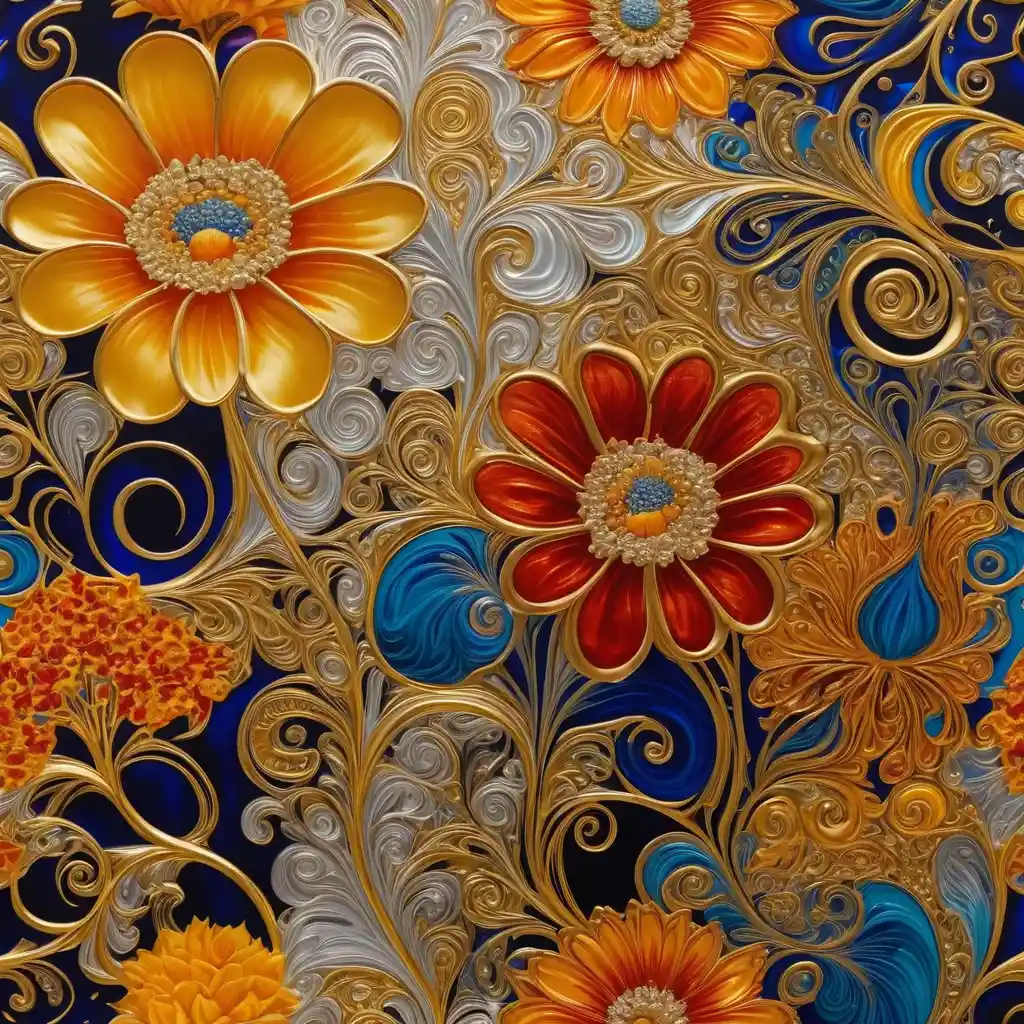 Vibrant abstract flowers with gold and silver swirling patterns