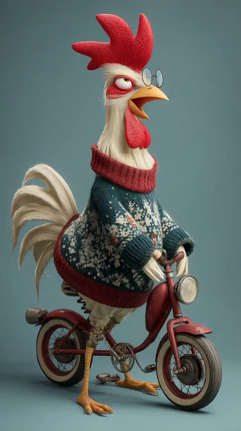 Whimsical chicken riding a tricycle in a festive sweater