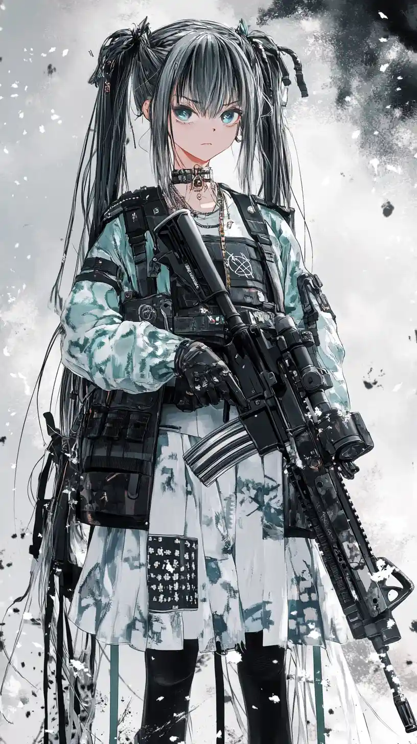 Anime girl with rifle under a fantasy night sky