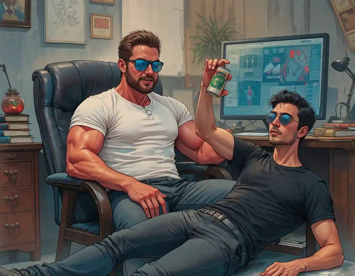 Muscular man in comic office scene with tense energy