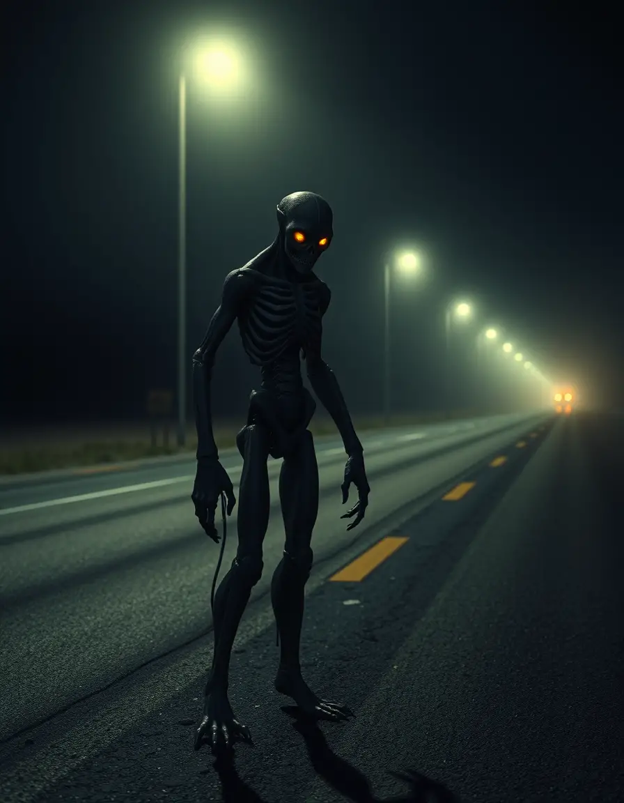 Humanoid Creature On Lonely Desert Highway At Midnight