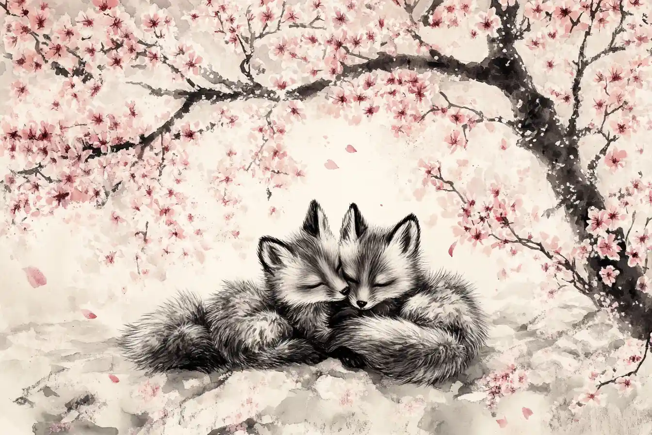 Playful fox kits cuddling under blooming cherry blossoms
