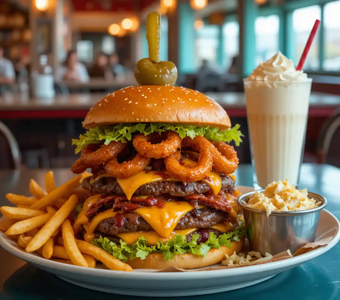 Triple cheeseburger platter with fries in a retro diner