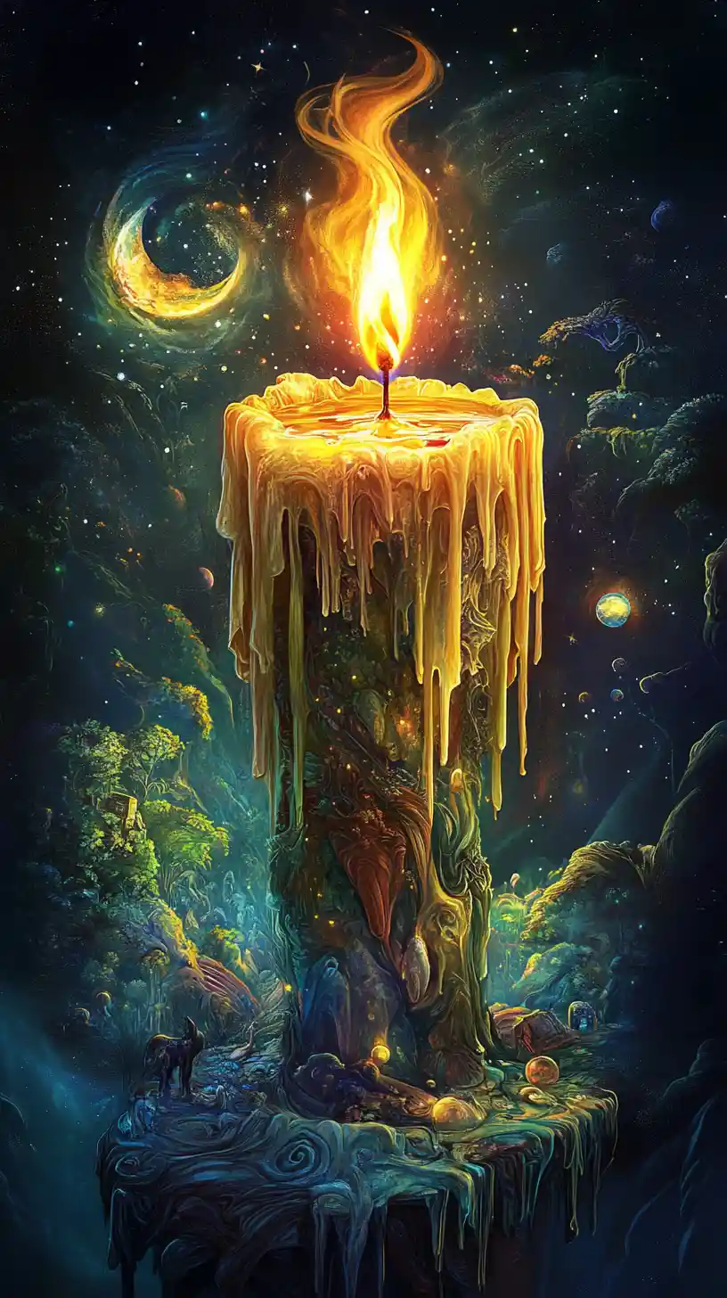 Ornate candle melting into a surreal fantasy landscape