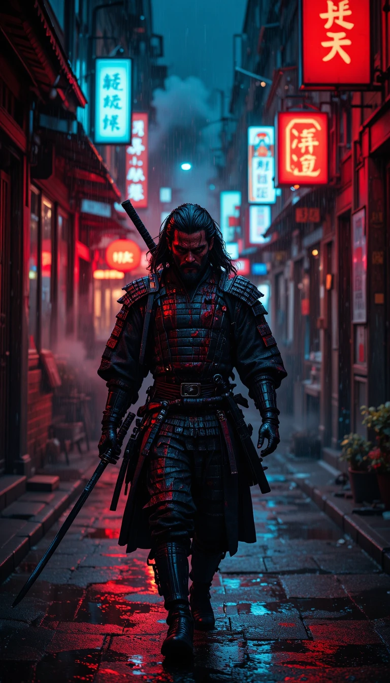 Bloodied modern samurai walking through neon lit city alley