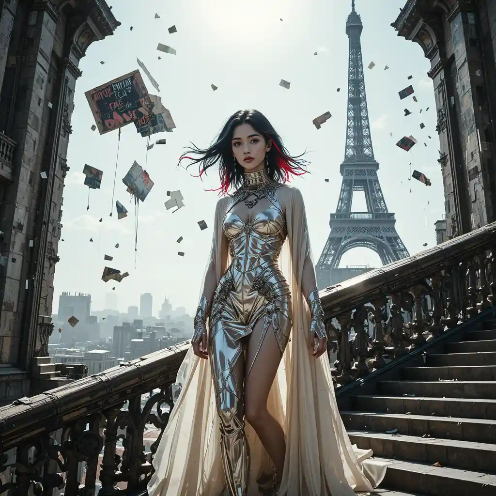 Cyberpunk woman on palace staircase above ruined Paris