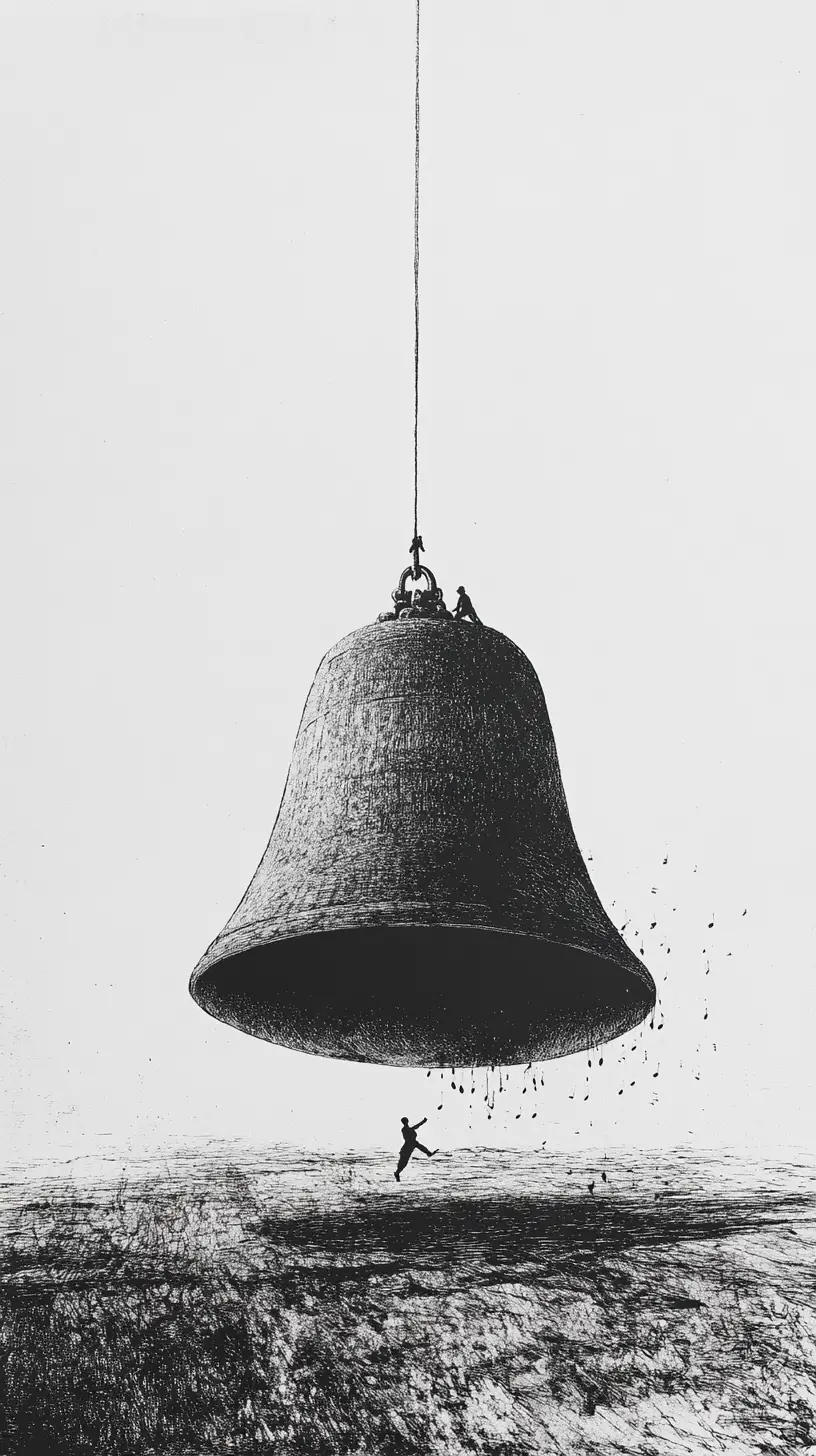 Tiny climber on giant grounded bell in silent motion