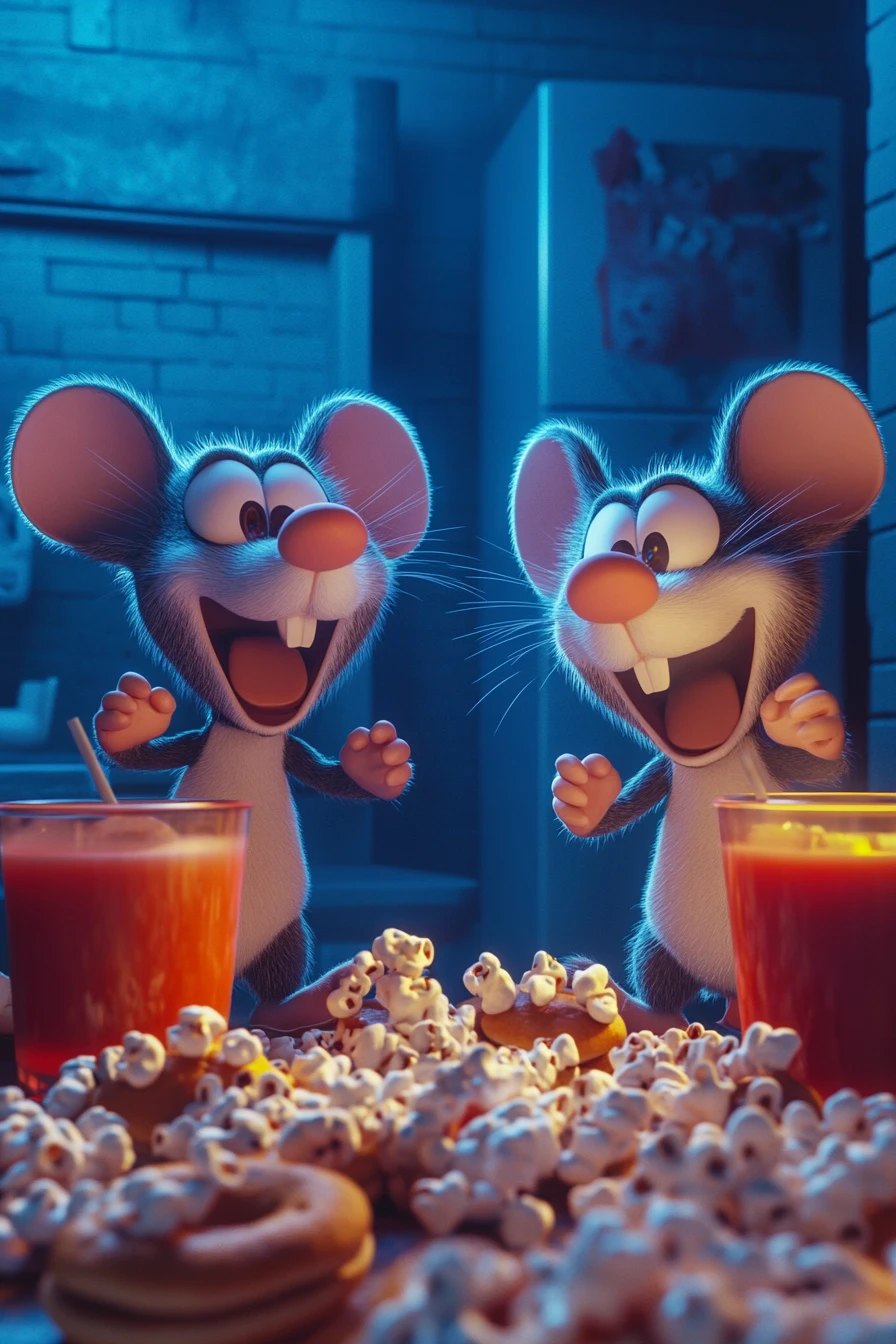 Two laughing cartoon mice in a messy 3D living room