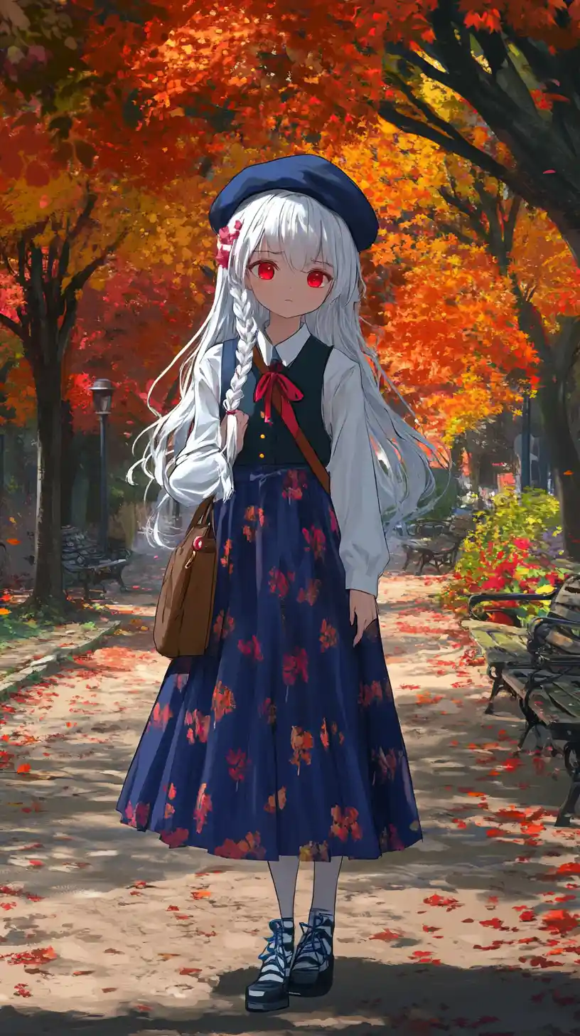 Gloomy white haired girl walking along an autumn park path