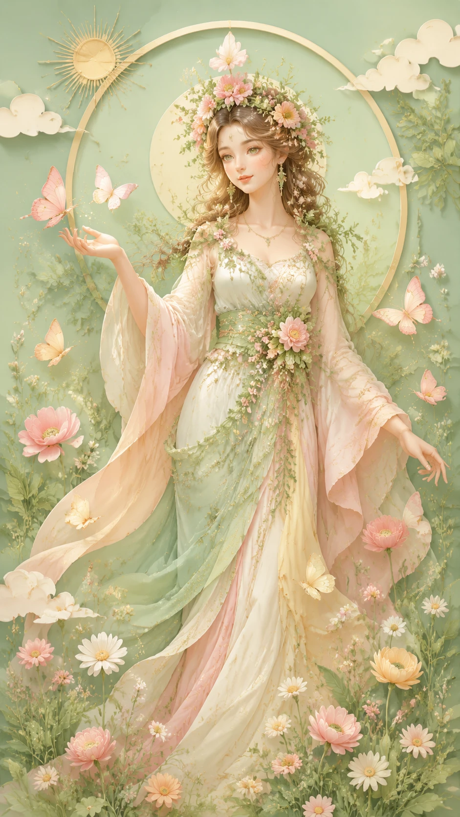 Dulce diosa de la primavera en ilustración de guardería en tonos pastel