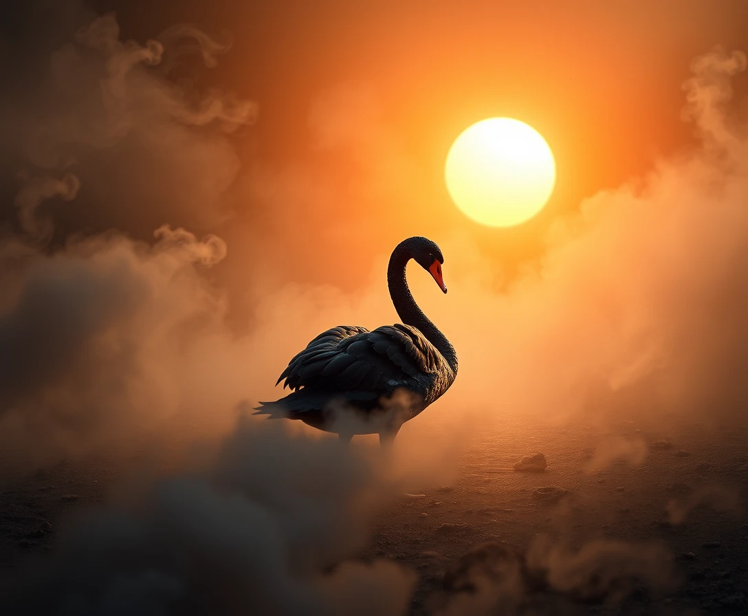 Black swan walking away from the sun in surreal smoke