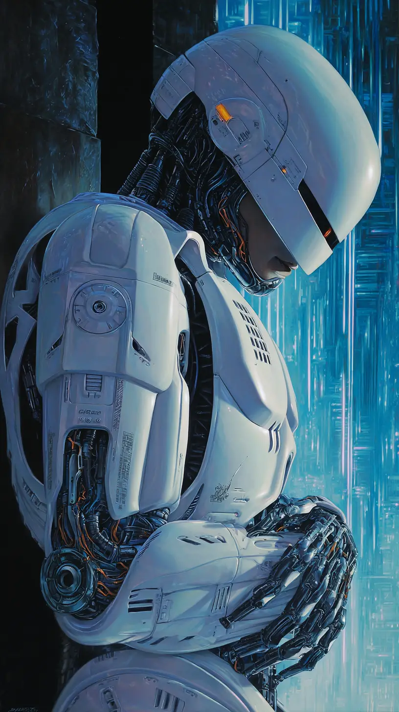 Surreal female robot amid neon digital cityscape art
