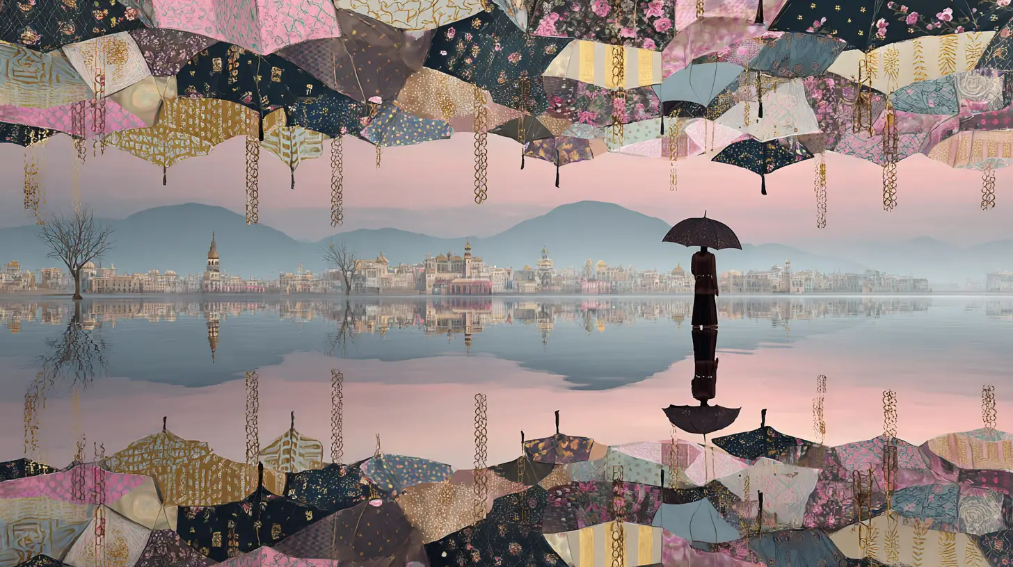 Enorme paraguas de patchwork flotando sobre agua reflectante