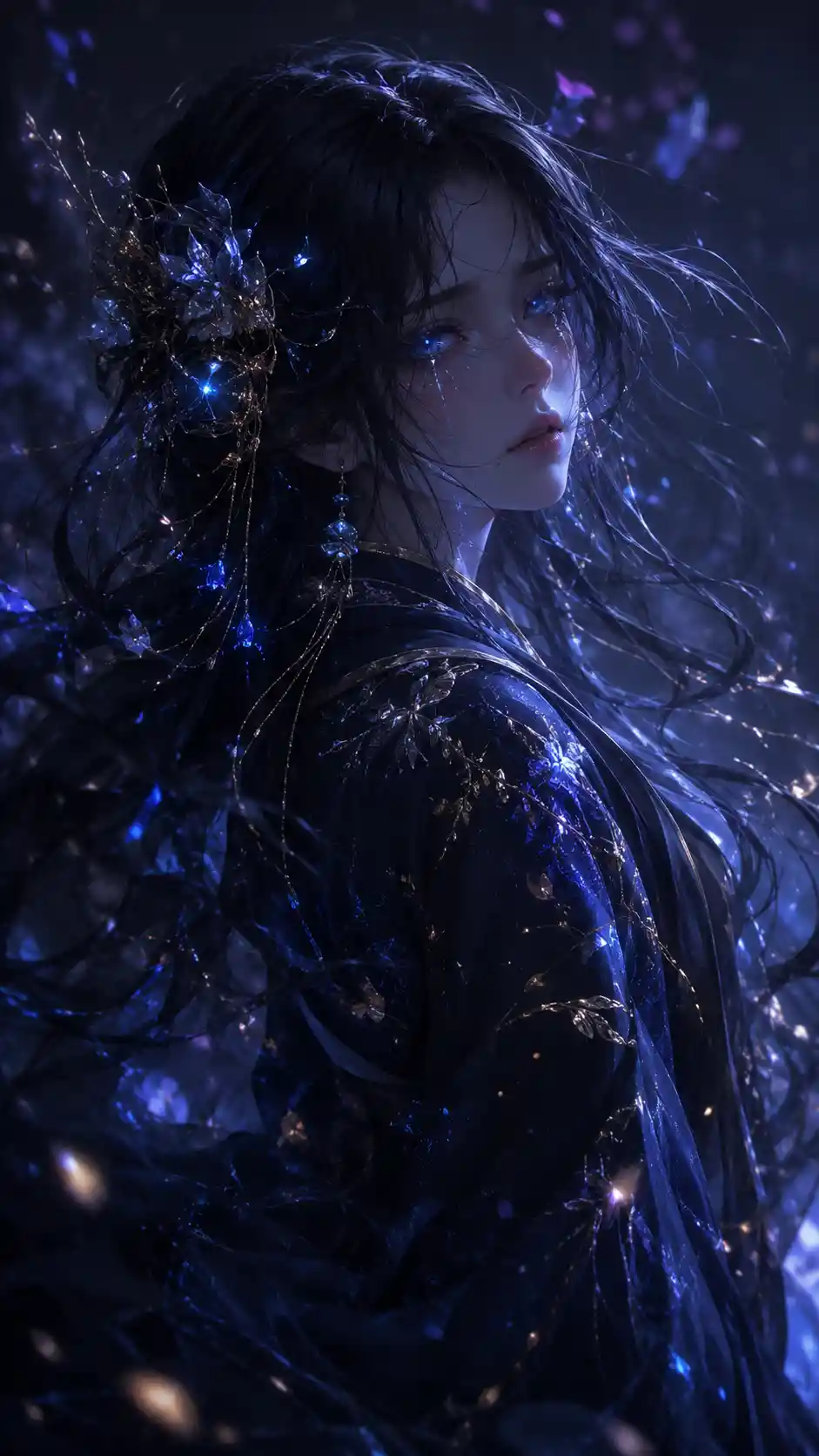 Melancholic 3D anime girl with mysterious glowing eyes