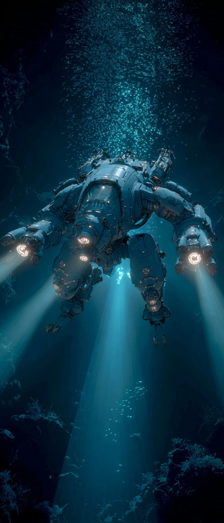 Meca blindado de combate oceánico cazando en un abismo alienígena