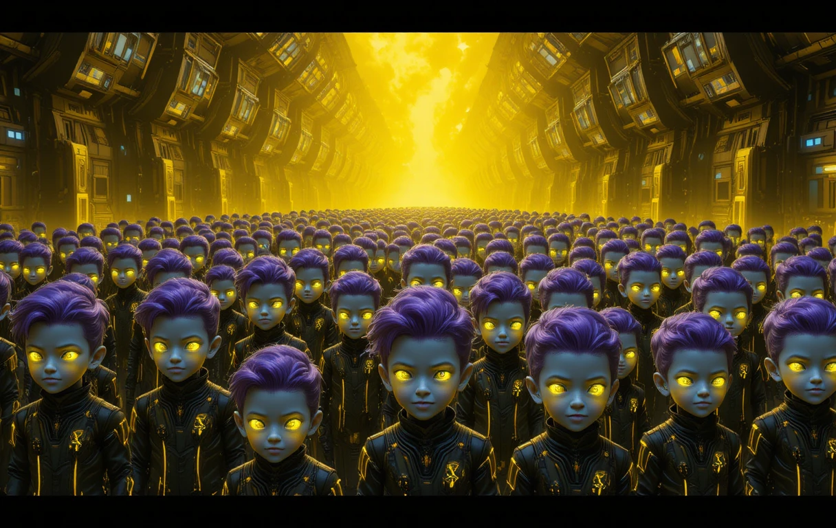 Futuristic toddlers in a neon lit sci fi facility