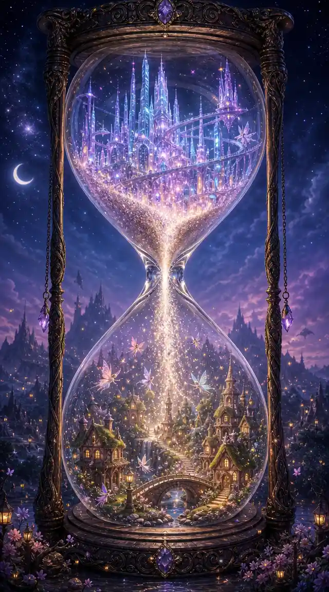Enchanted Hourglass Over City And Fairy Village At Night