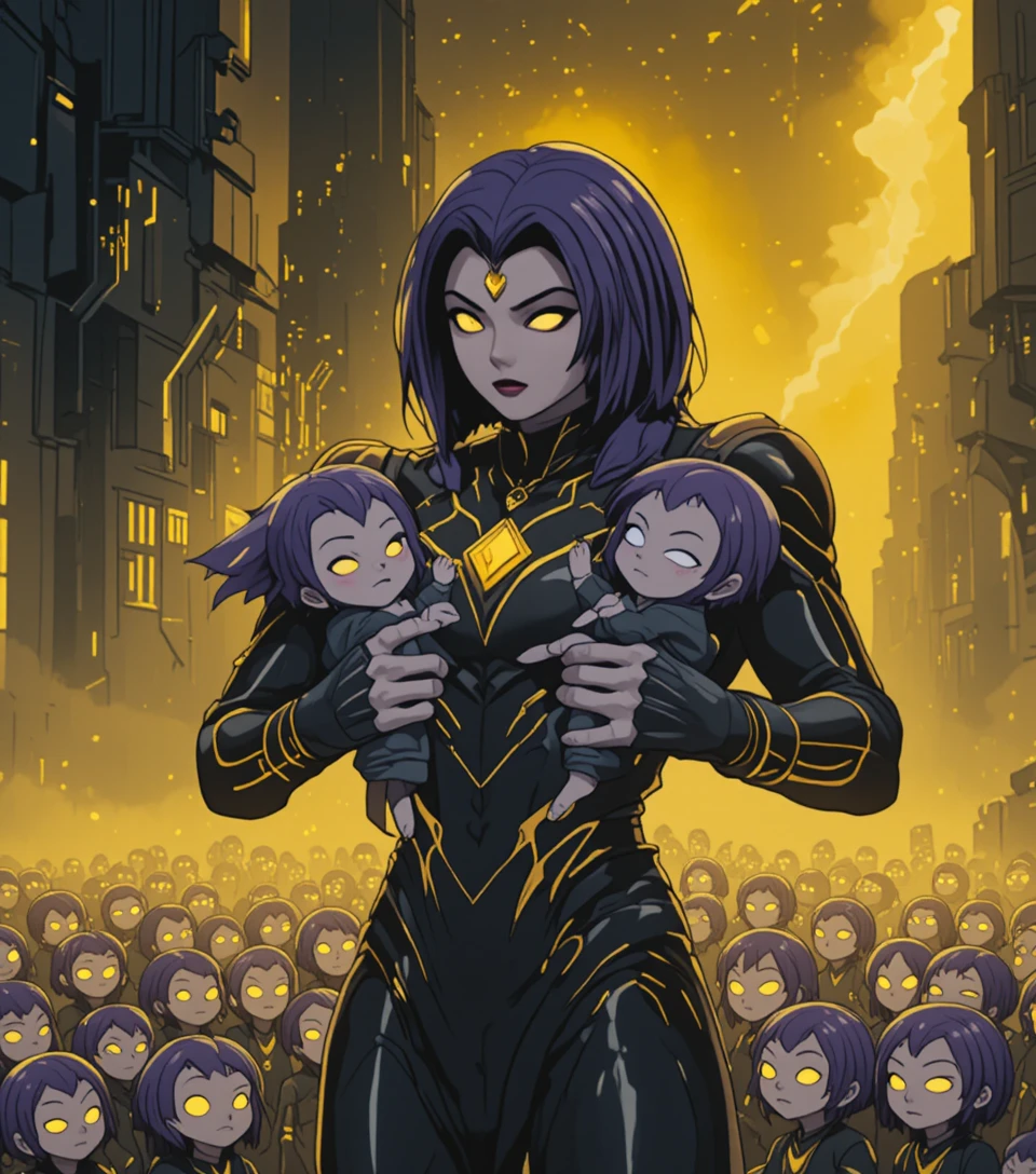 Towering anime sci fi woman holding two glowing eyed babies