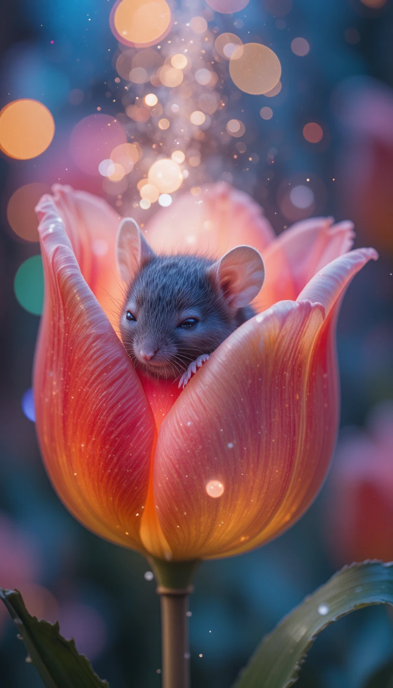 Tiny gray mouse sleeping inside a glowing tulip