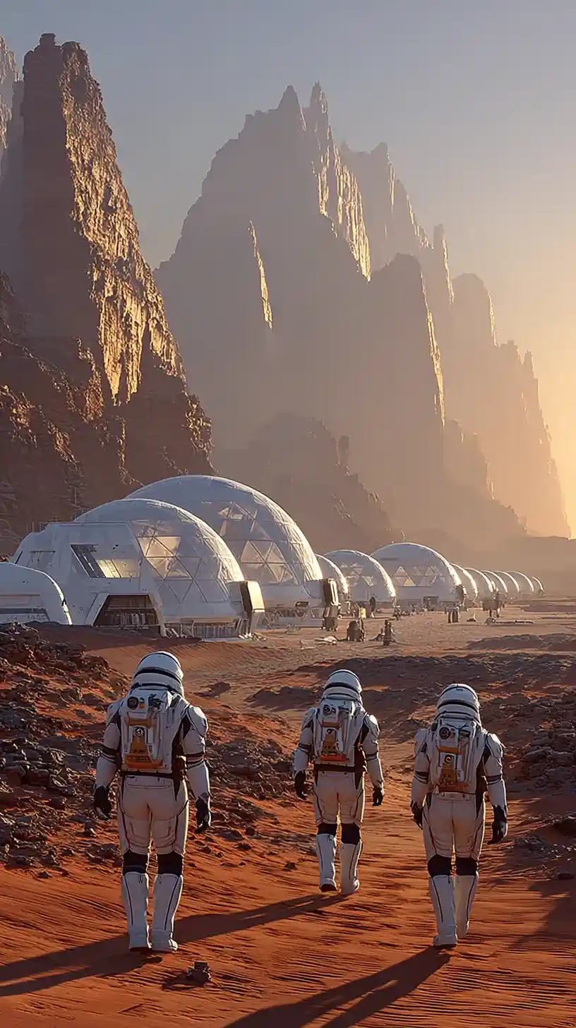 Astronauts Approach Futuristic Mars Settlement At Sunrise