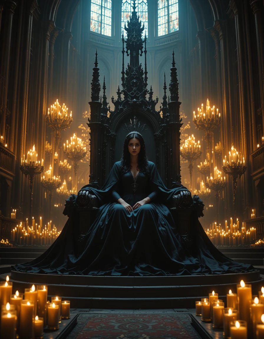 Dark queen on a vast throne in a candlelit cathedral