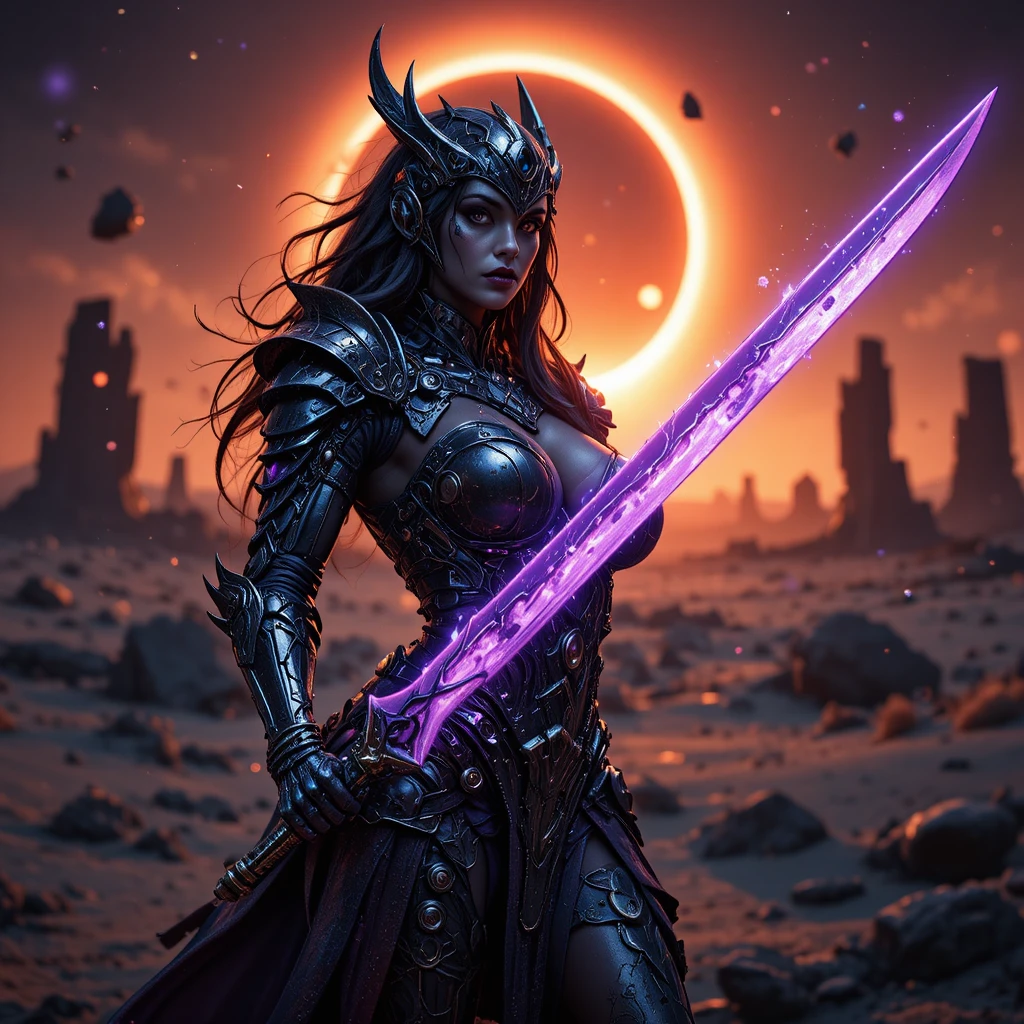 Paladina oscura con lama runica viola sotto un'eclissi aliena