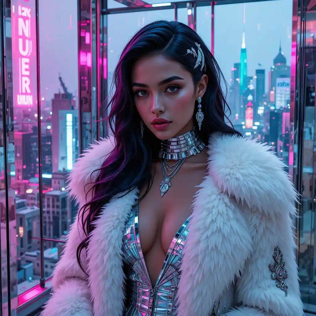 Cyberpunk woman in chrome penthouse overlooking dystopian city