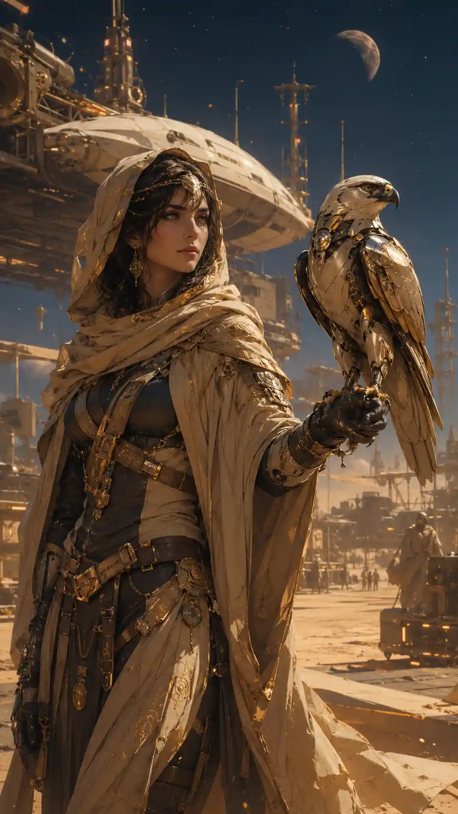 Anime desert scout with robotic falcon at sci fi airfield