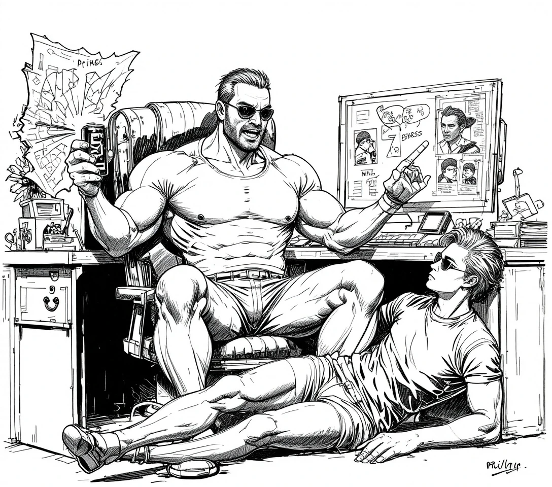 Muscular man sweating at chaotic comic style office desk