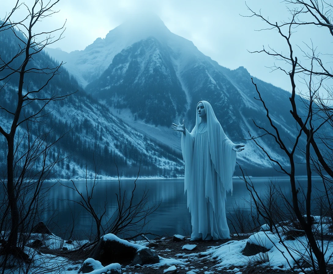 Winter ghost beside a lonely mountain in popsurreal style