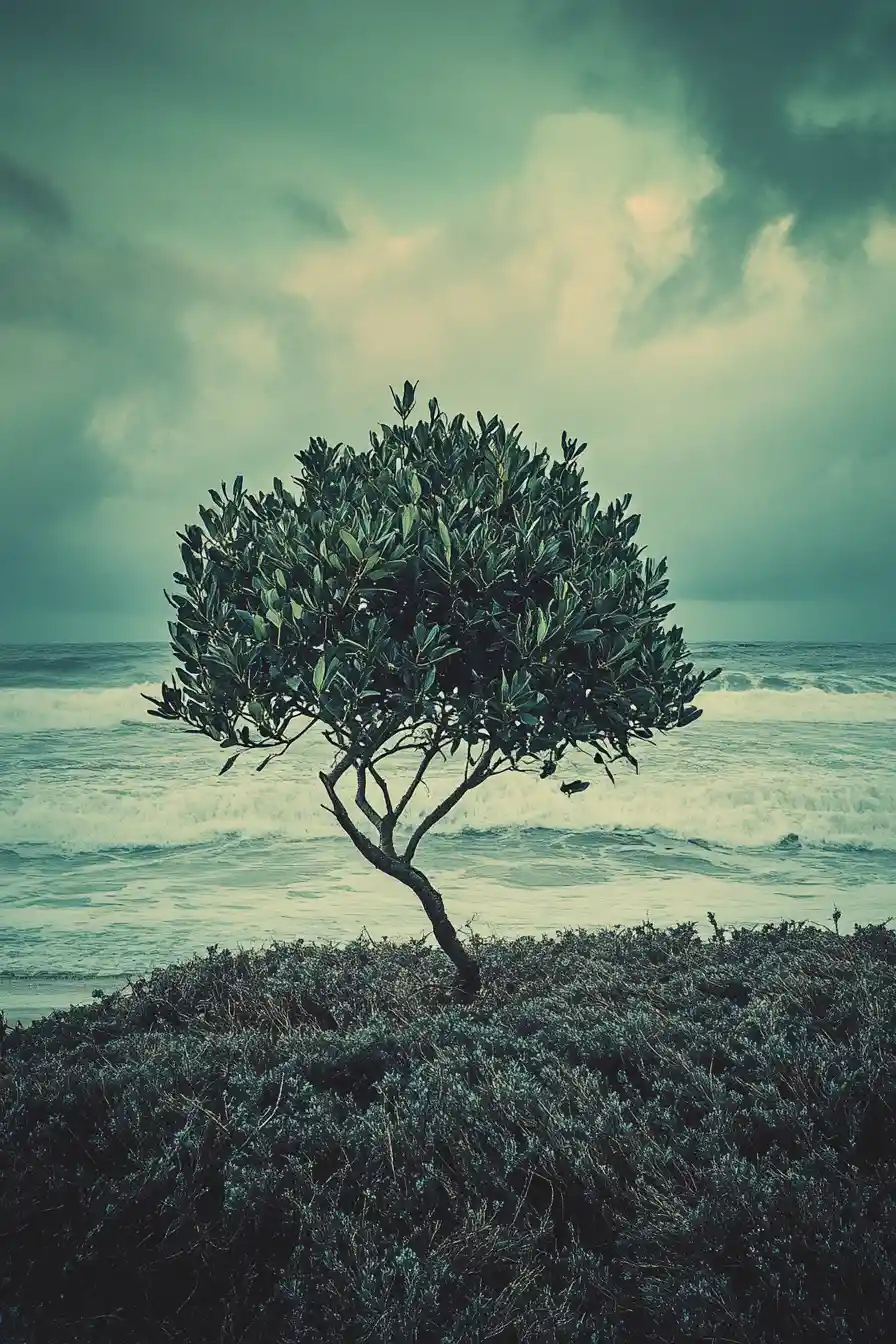 Surreal myrtle plant standing by the shore in dreamlike light