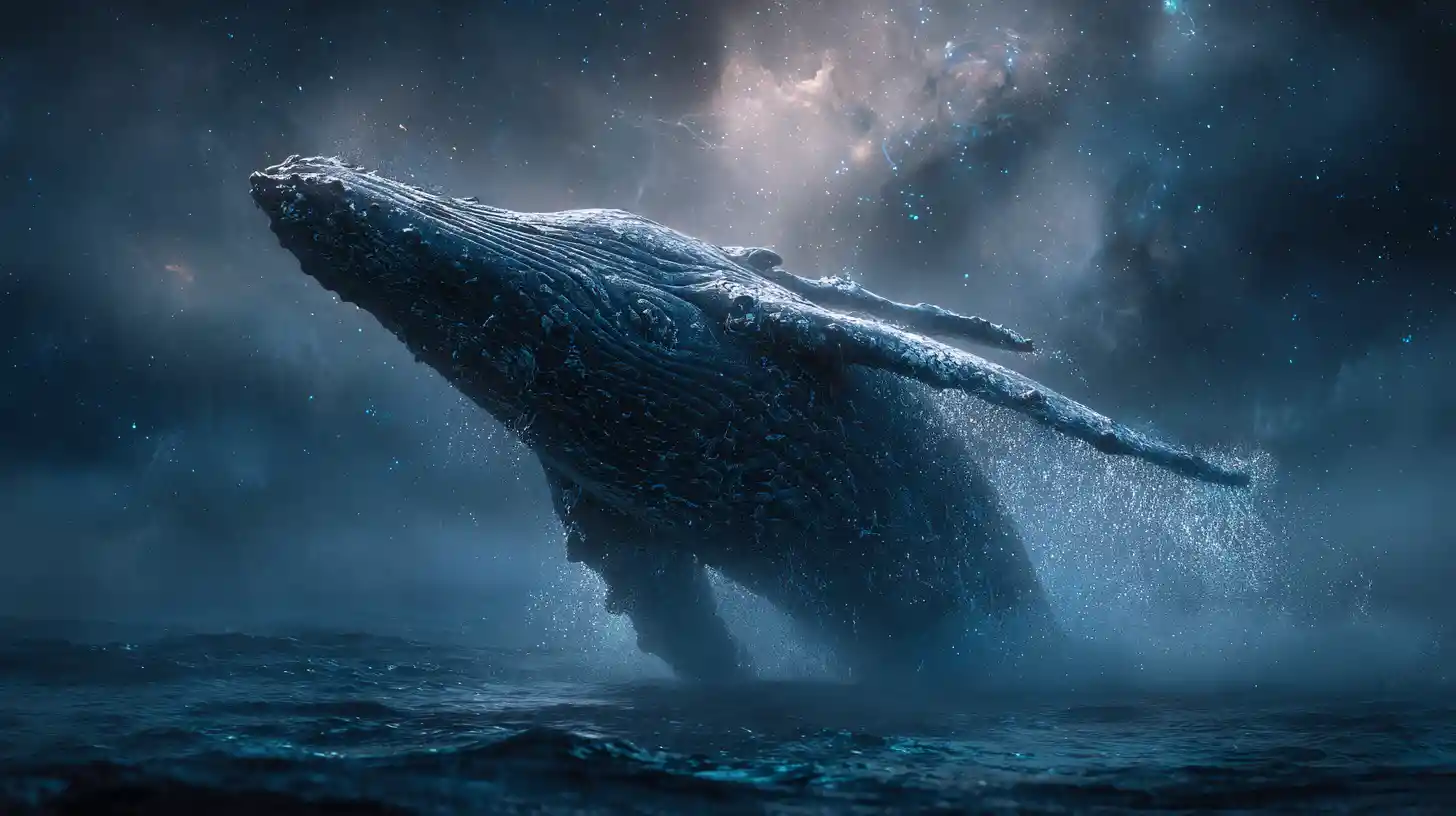 Majestic humpback whale breaching in a dark twilight ocean