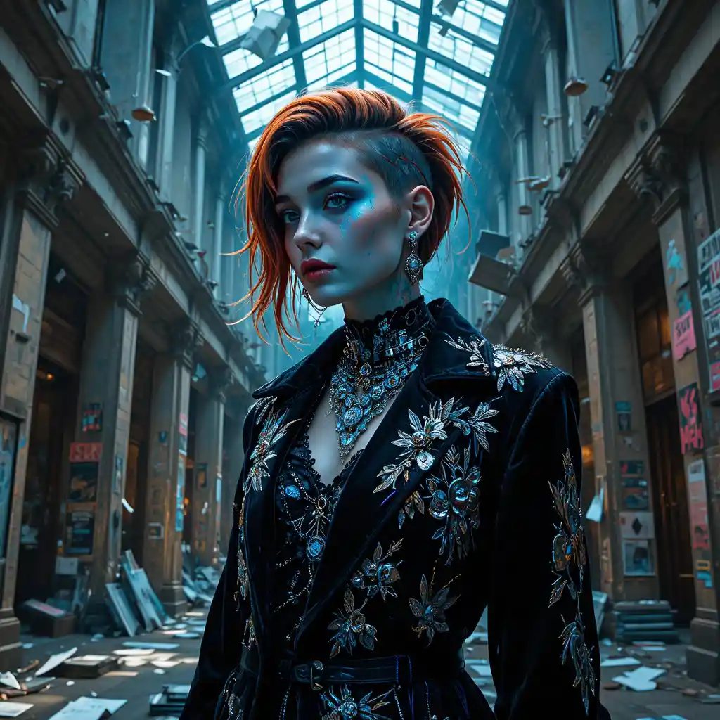 Cyberpunk outlaw queen in a brutalist fashion atrium