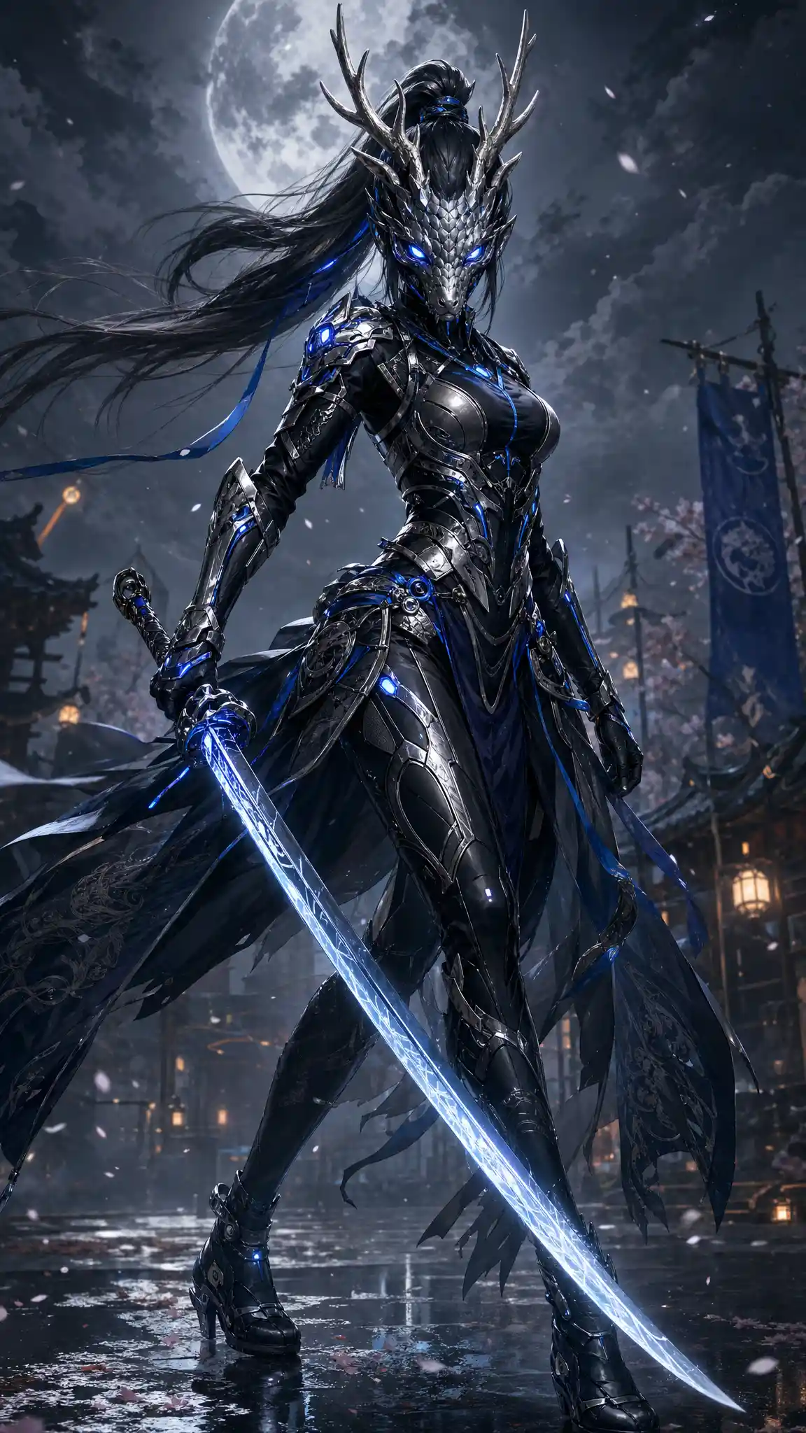 Futuristic warrior woman with antlers and dragon mask