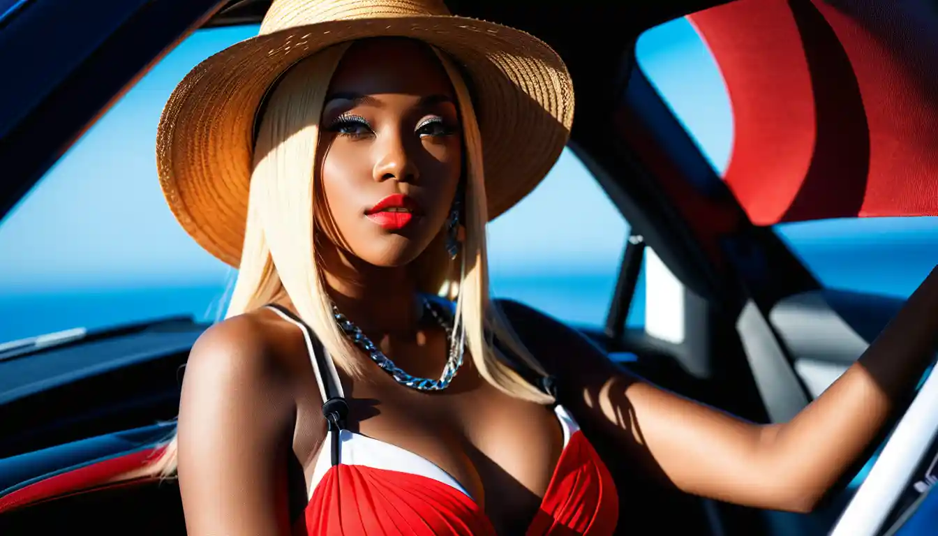 Black woman reclining in a car wearing a red summer dress