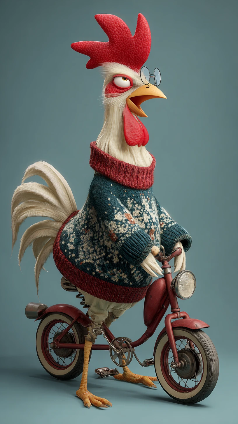 Whimsical chicken riding a tricycle in a festive sweater