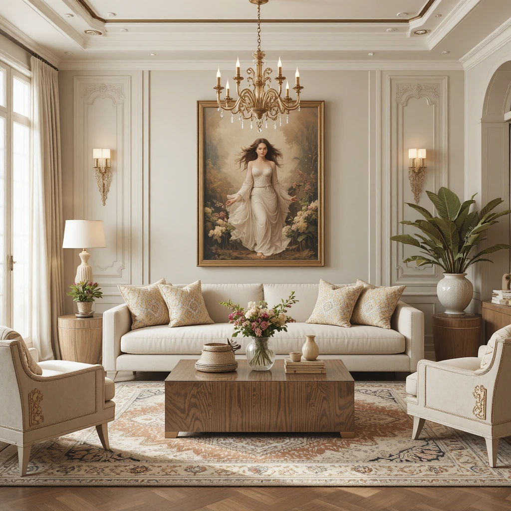 Elegant bohemian living room with creamy beige accessories